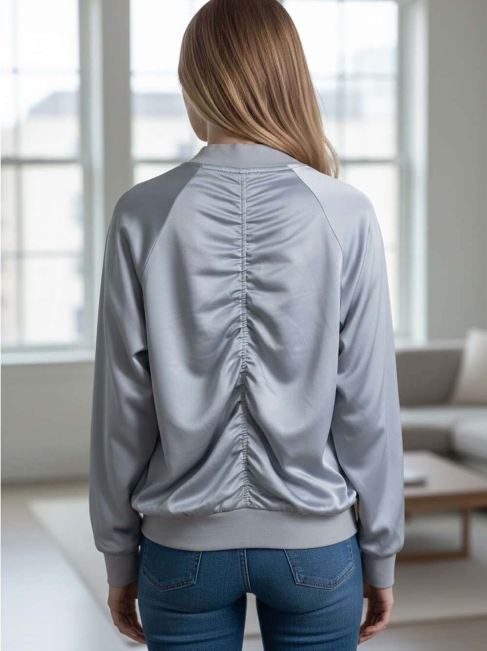 Harlowe & Graham Light Gray Ruched-Back Bomber Jacket